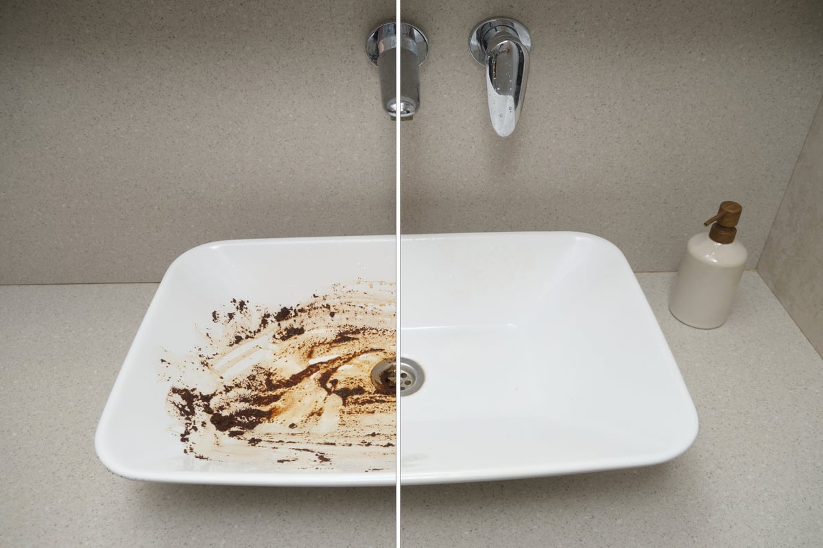 Dirty white bathroom sink before and after cleaning the bowl