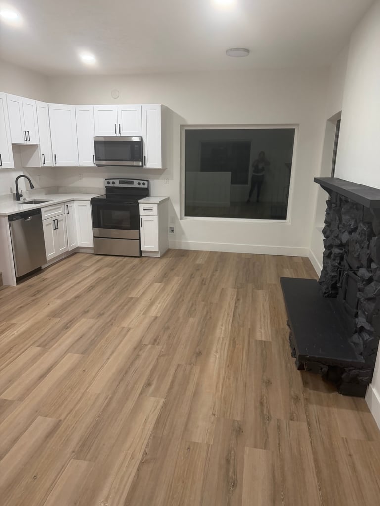Modern kitchen and living room with white cabinetry, stainless steel appliances, wood flooring, and black fireplace