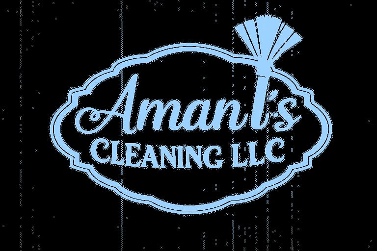 Amanis Cleaning LLC logo with light blue script text and feather duster icon on dark background